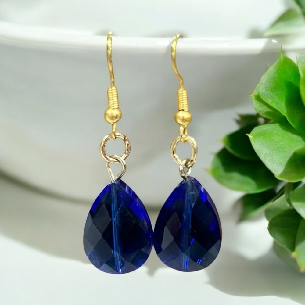 Blue Sapphire Crystal Teardrop Faceted Earrings